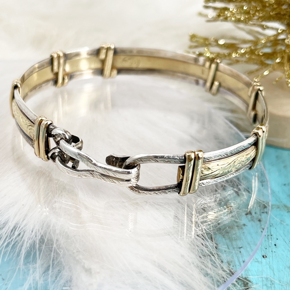 Sterling Silver 14kt Gold Wrapped Etched Artisan Bangle Bracelet 12g Fits 6.5"